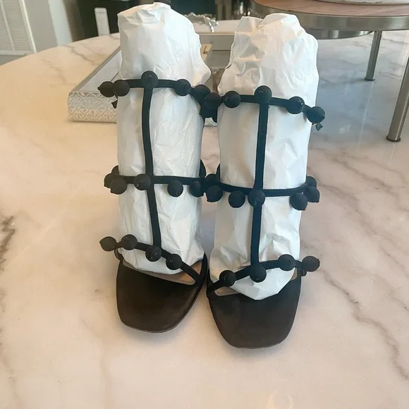 Aquazzura Black Pom Pom Sandals - Picture 7 of 11